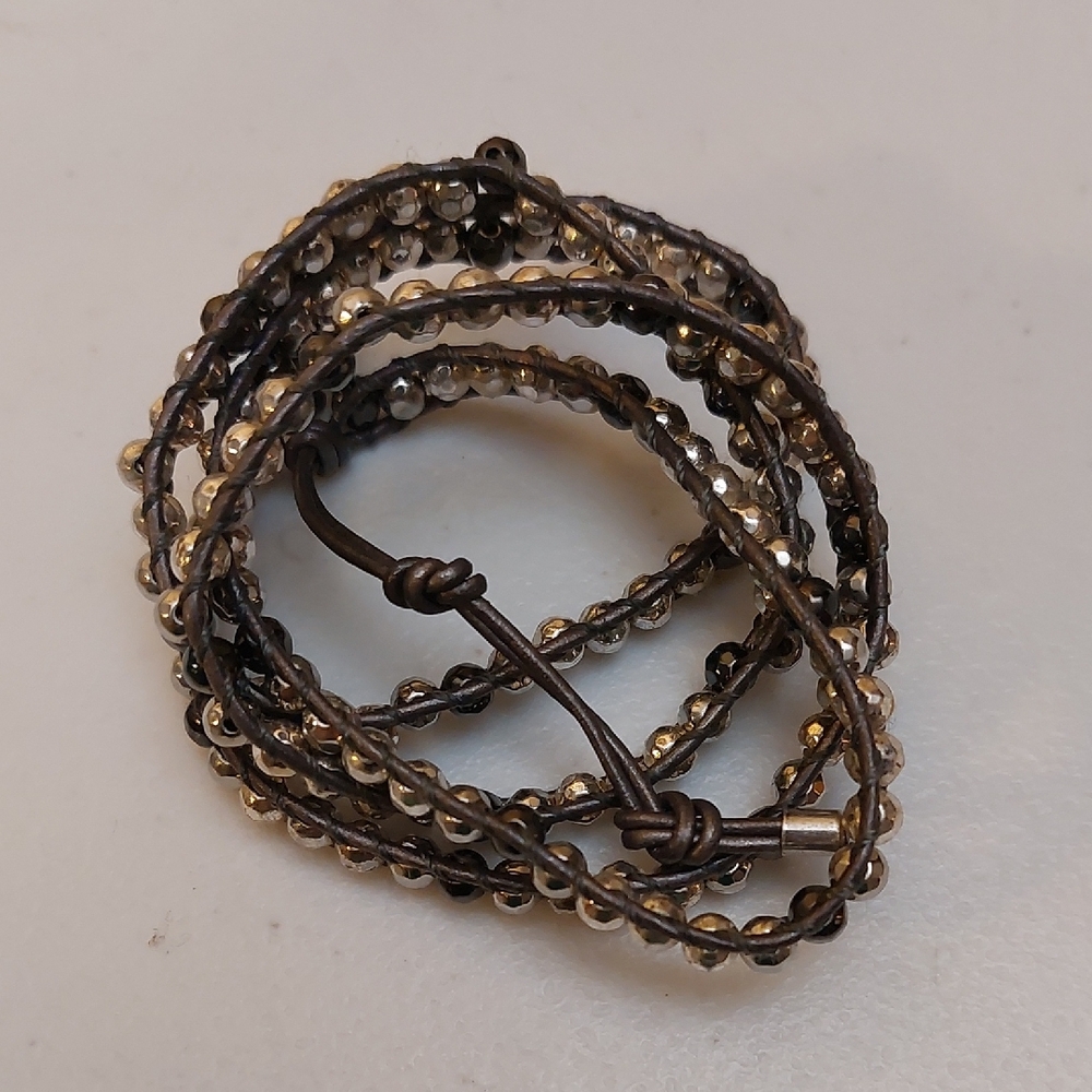 Black And Silver Tone Faceted Beads Beaded Cords Wrap Bracelet